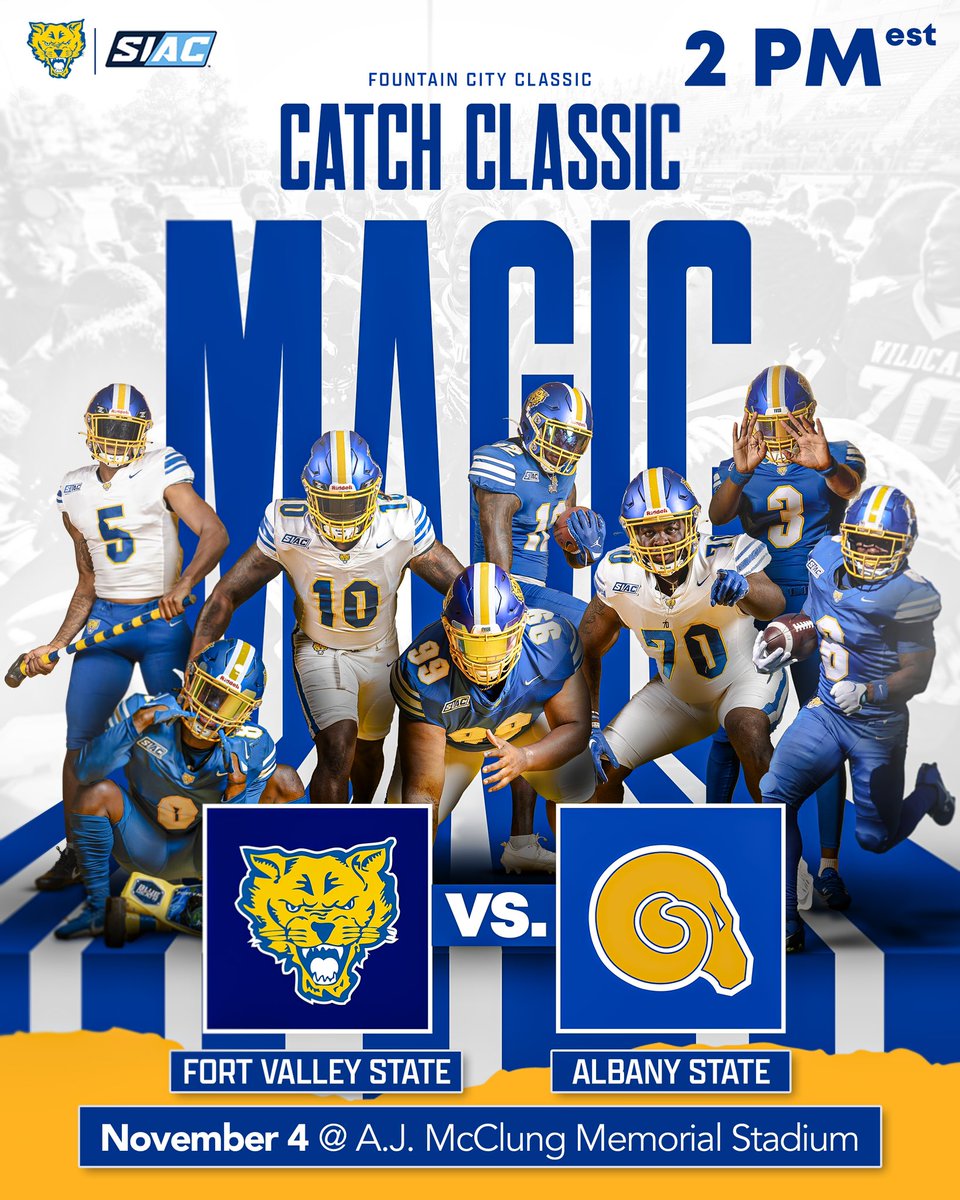 FVSU's tweet photo. #FVSUFriday Can you feel the #ClassicMagic in the air? We are ready for tomorrow’s game and we need all of our #Wildcat fans in the stands.
Get your tickets at https://t.co/OkbyIiBmoE. Remember the clear bag policy.
Let’s go #Wildcats. 💙💛🏈 #ValleyTough https://t.co/tdaRTSxIEr