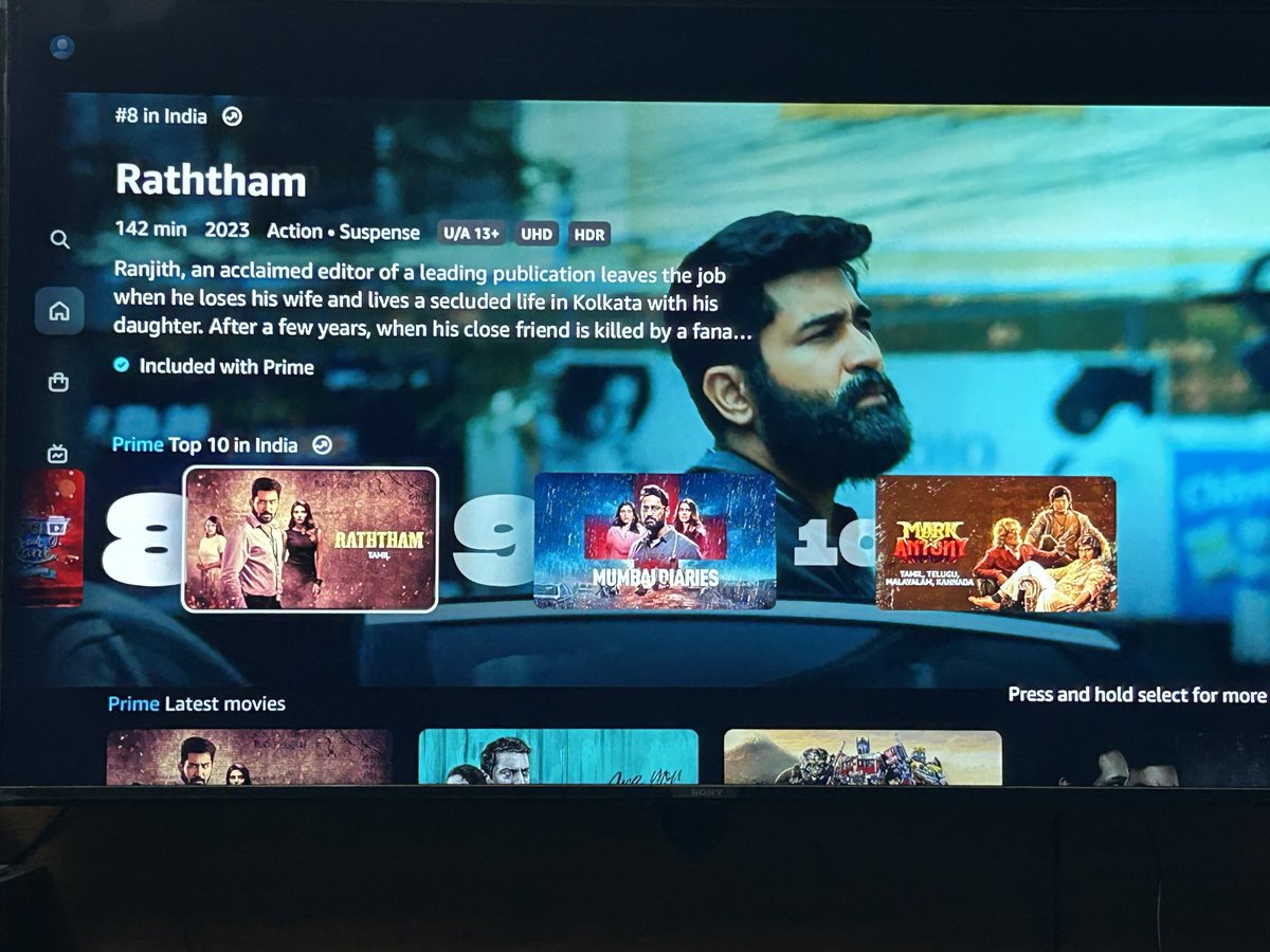 #Raththam within a day Hits the No.8 spot in ⁦@PrimeVideoIN⁩ Top Indian content. Happy the film getting its well deserved reach 🙏 ⁦@vijayantony⁩ ⁦@csamudhan⁩ ⁦@FvInfiniti⁩