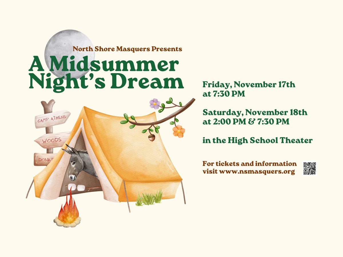 "A MIDSUMMER NIGHT'S DREAM" Fri, 11/17 (7:30 pm), - Sat, 11/18 (2 pm &amp; 7:30 pm), HS Theatre
The NS Masquers' present A Midsummer Night's Dream-one of William Shakespeare's funniest &amp; most enduring plays! Tix: nsmasquers.org
#GoVikingsGo #nsmasquers