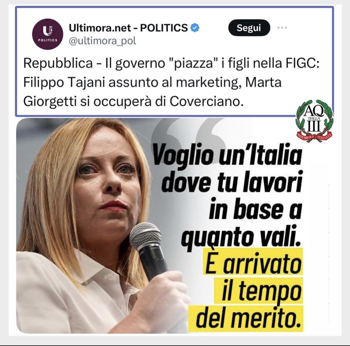Lorenzo32843904's tweet image. Ben detto, DVCIA

I giovani d'oggi non hanno voglia di fare sacrifici.

Ecco perché non trovano lavoro.

Per esempio i figli di Tajani, Giorgetti, La Russa hanno trovato un lavoro molto ben retribuito subito

Prendessero esempio da loro , 'sti bolscevichi sfaticati