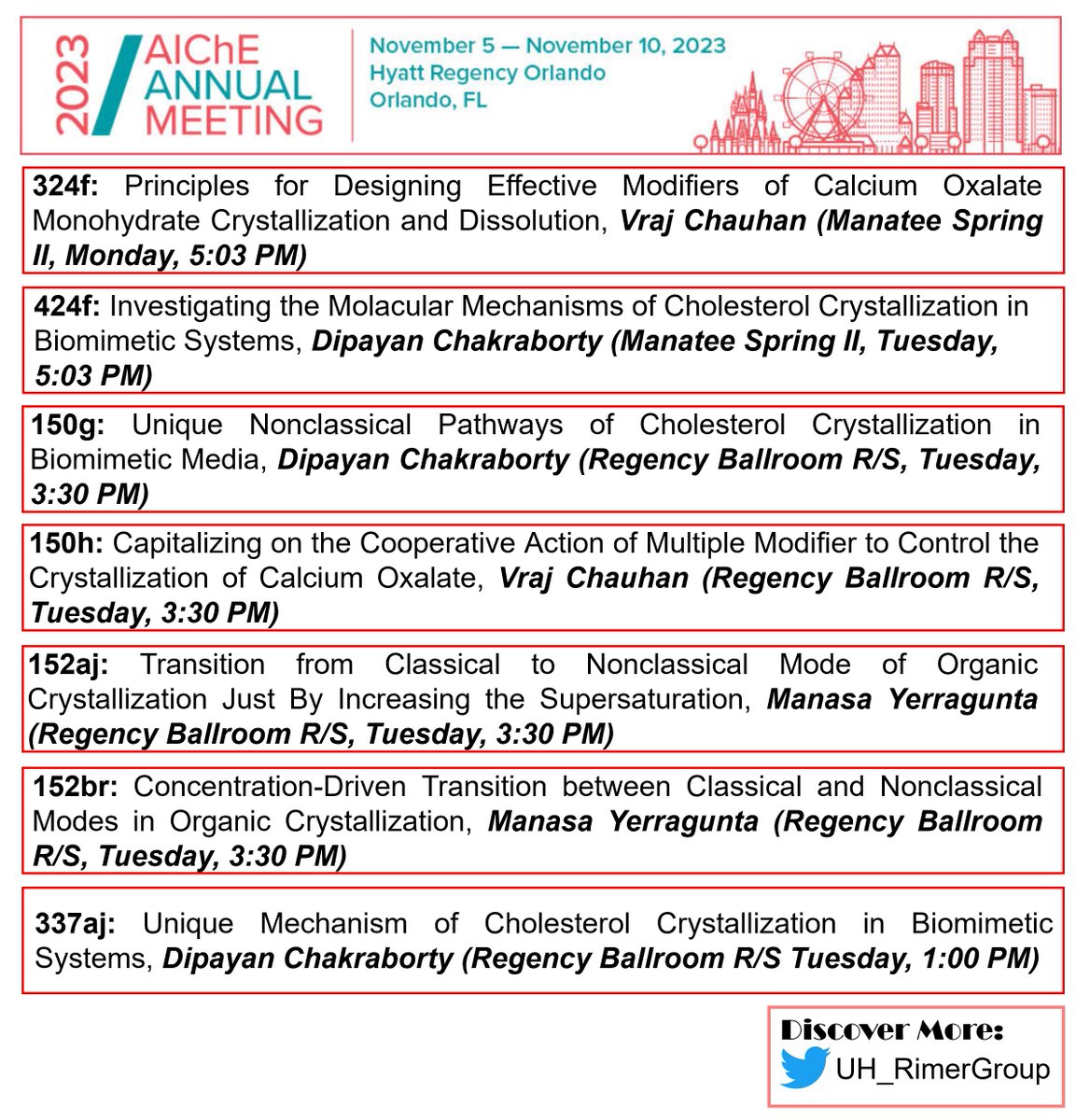 The Rimer Group will be giving a number of talks and posters at the AIChE Meeting in Orlando. Come and check out our latest work in the area of #CrystalEngineering. @ChEnected