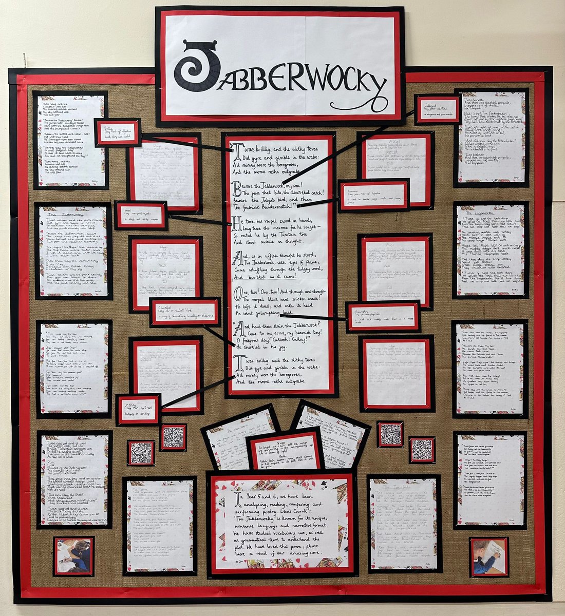 Tom_E_Judd's tweet photo. So proud of the week’s worth of work from my Year 5’s and @_erinking year 6’s on the Jabberwocky poem by Lewis Carroll. A display full of everything from word class analysis to definitions to rewritten poems, they have worked very hard!
#edutwitter #education #poetry https://t.co/dlJkMkpy7j