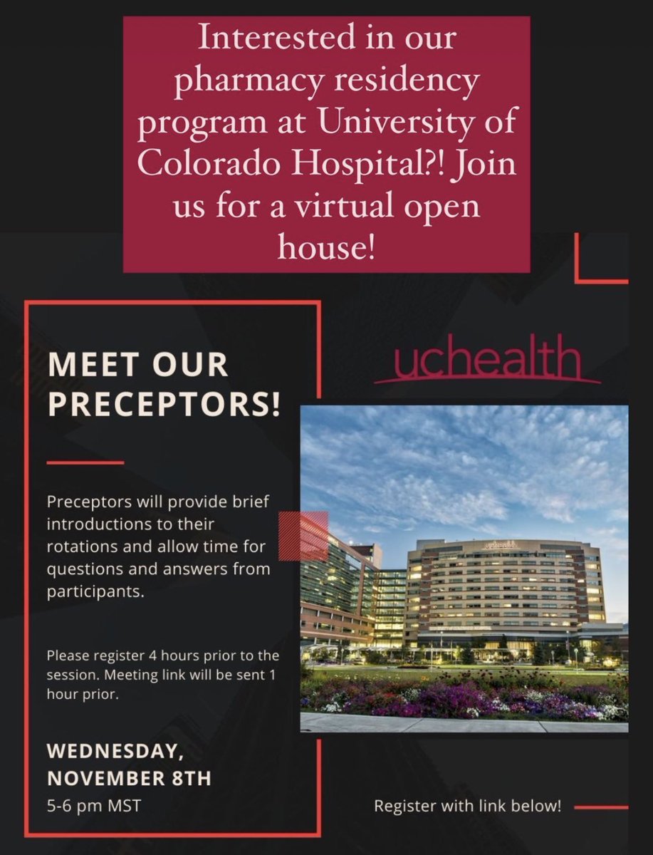 Interested in learning more about the PGY1 program at University of Colorado Hospital?! Join us Wednesday, Nov. 8th at 5pm MT for a virtual open house as our preceptors discuss the experiences UCH has to offer! Visit our website UCHealth.org/PGY to register and learn more!