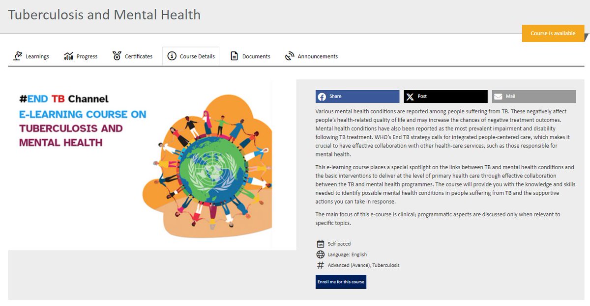 Addressing mental health is a key component of people centred #TB care. Today <a href="/WHO/">World Health Organization (WHO)</a> was excited to launch a new handbook and e-course on #TB and #mental health conditions, available here: who.int/publications/i…; openwho.org/courses/TB-men…