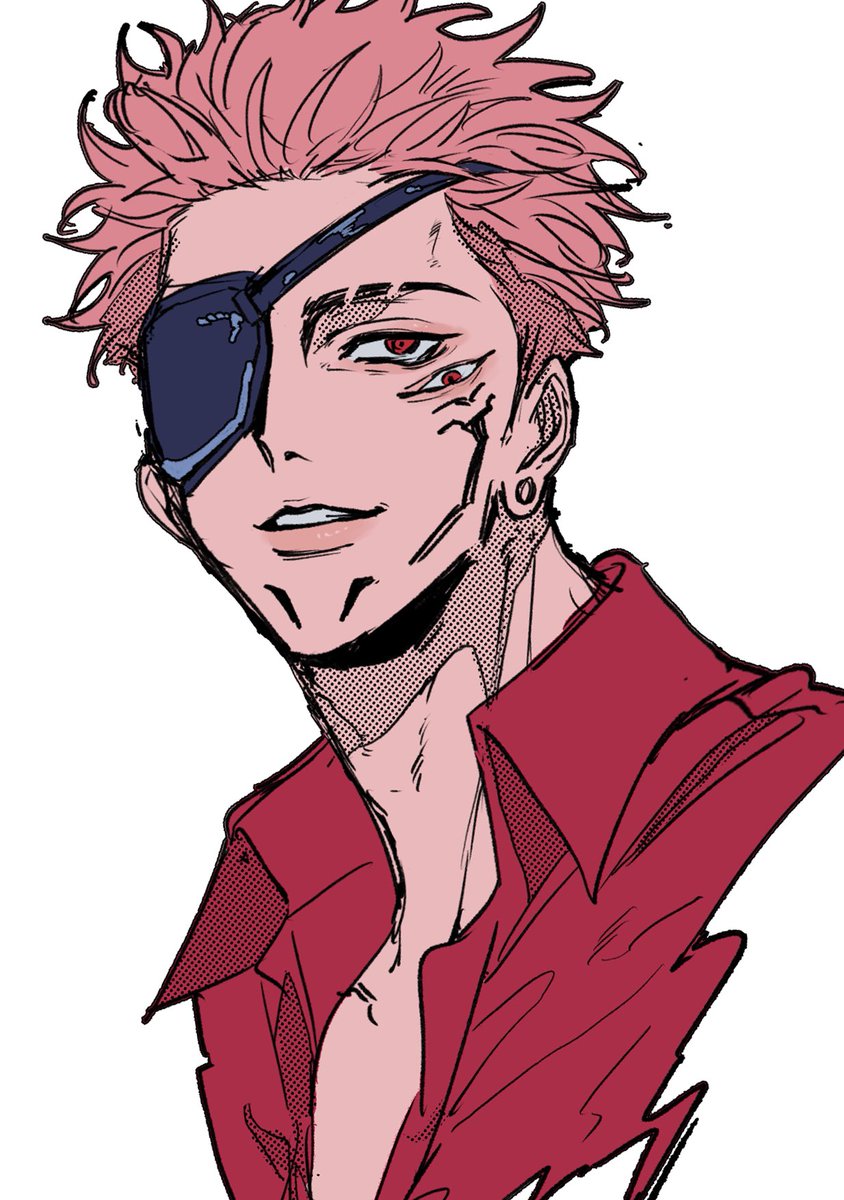 ryoumen sukuna (jujutsu kaisen) male focus 1boy pink hair shirt eyepatch red eyes solo  illustration images