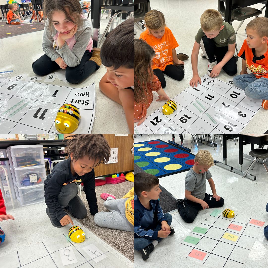 RoundHillES's tweet photo. First graders coded BlueBots today to put numbers in order from least to greatest in math. Kindergarteners learned how to code the BlueBots today by making the robot move to the number that was thrown on a die. #LCPS5Cs #CSinLCPS #coders #criticalthinkers #computationalthinking https://t.co/uFEYV3ZxRS