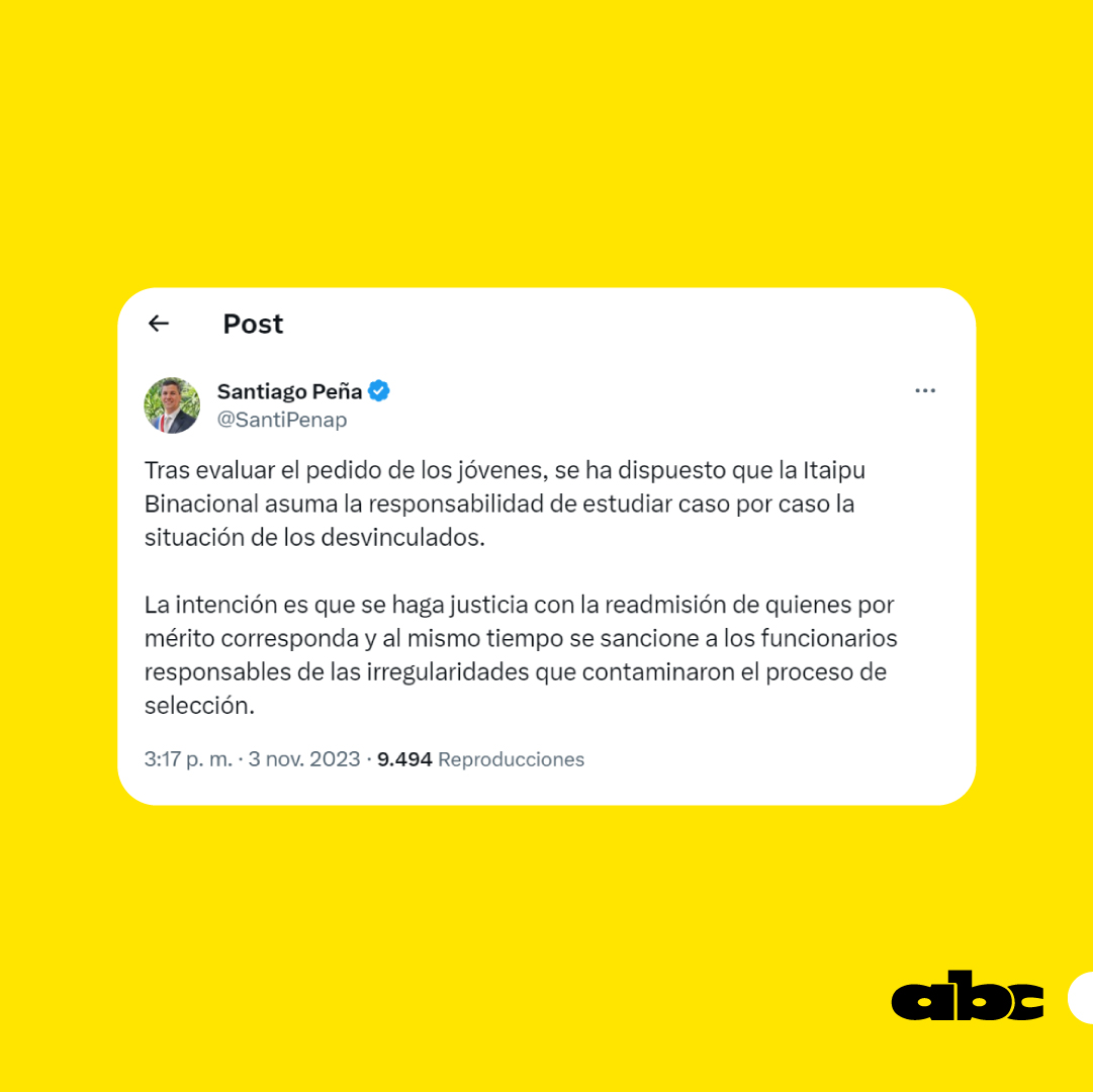 #AHORA| El presidente de la República, Santiago Peña, comunicó que Itaipú estudiará cada caso de los funcionarios que fueron desvinculados.

🔗 Más información en abc.com.py