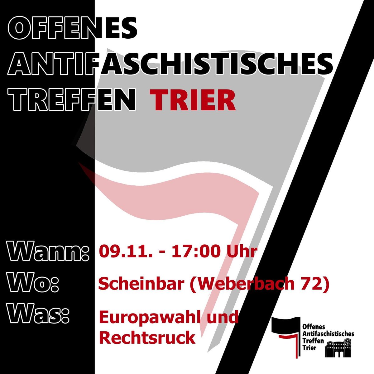 Nach einer kleinen Sommerpause ist es am 09.11. wieder soweit. Das OAT Trier trifft sich ab 17:00 Uhr in der Scheinbar. Wir wollen mit euch ins Gespräch über den Rechtsruck und die Europawahlen 2024 sprechen.

Bringt eure Freund*innen mit, wir freuen uns auf euch :)