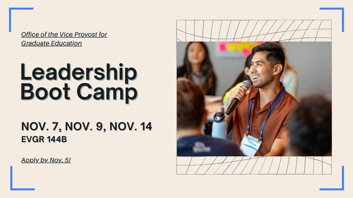 Unlock the art of effective leadership! 🌟 Join our 3 part workshop series to master communication, negotiation, and influence. 

WHEN: Nov 7, Nov 9, Nov 14
APPLY BY NOV. 5: vpgeapps.stanford.edu/app/DeepDive/a…

#LeadershipBootcamp