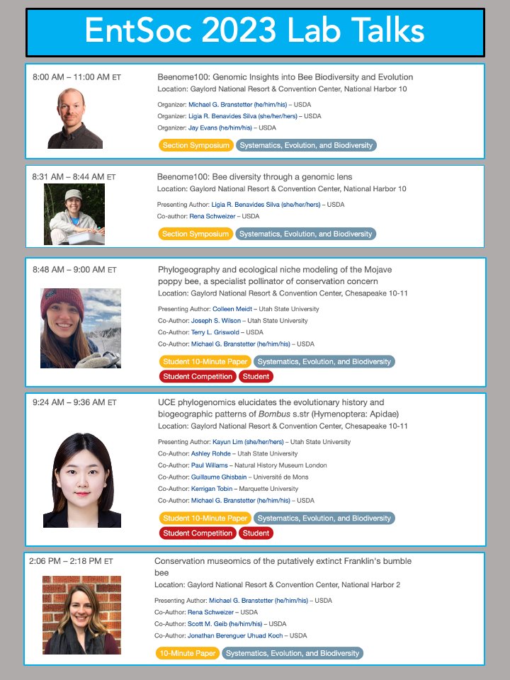 #EntSoc23 lab talks. Please come support our group's research. <a href="/KayunL/">Kayun_Lim</a> @tarantuligia @RenaMSchweizer <a href="/c_meidty_bees/">Colleen Meidt</a> . @RenaMSchweizer will also be an invited speaker at a #TWS2023 symposium led by lab alum <a href="/AshleyRohde6/">Ashley Rohde</a> .