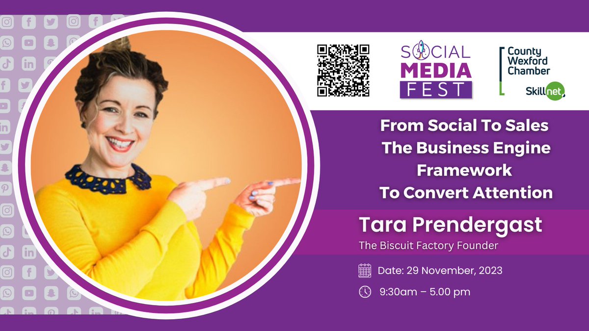 Social Media Fest (@socialmediaire) on Twitter photo 📢 Exciting news!
We've just added a new speaker to the #SocialMediaFest lineup!
Tara Prendergast <a href="/Bitethebiscuit/">Tara | The Biscuit Factory</a> will join us & talk about 'From Social to Sales: The Business Engine Framework To Convert Attention.'
Tickets are selling fast, so act now: skillnet.countywexfordchamber.ie/courses/social… 📢 Exciting news!
We've just added a new speaker to the #SocialMediaFest lineup!
Tara Prendergast <a href="/Bitethebiscuit/">Tara | The Biscuit Factory</a> will join us & talk about 'From Social to Sales: The Business Engine Framework To Convert Attention.'
Tickets are selling fast, so act now: skillnet.countywexfordchamber.ie/courses/social…