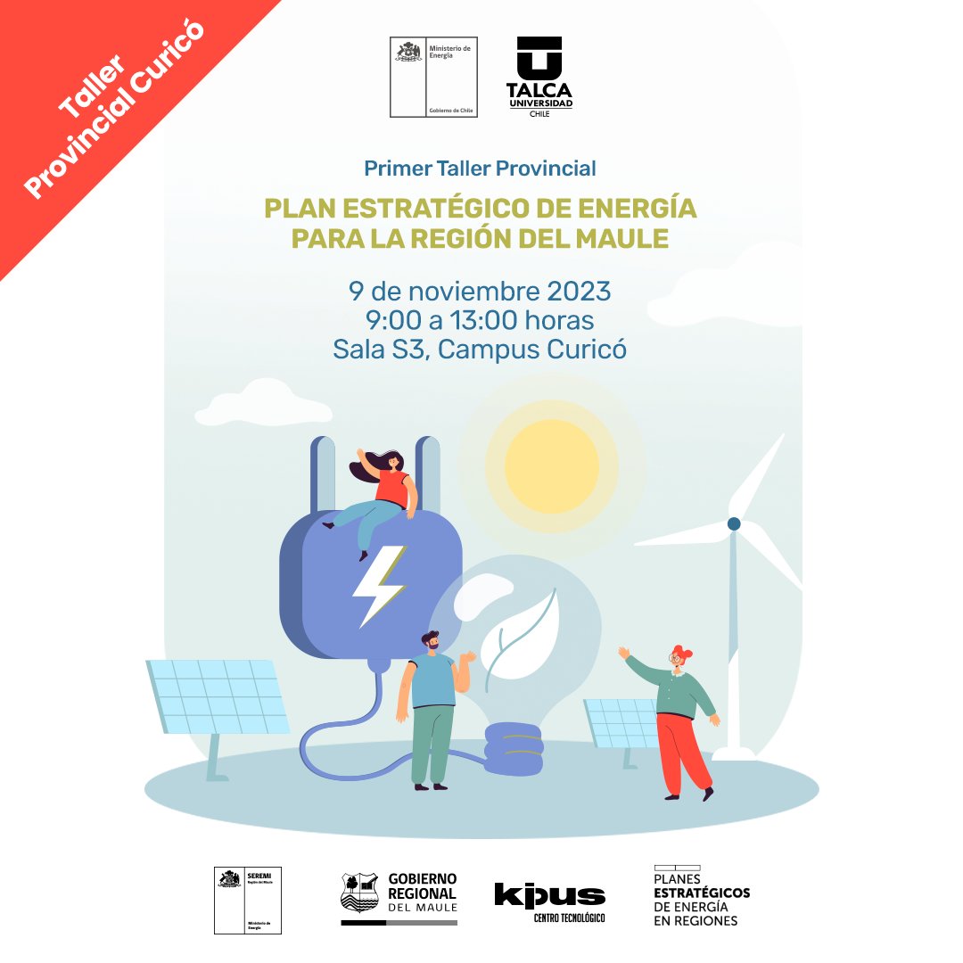 ¡Atención Curicó! 💡Juntos podremos desarrollar una visión estratégica de la Energía para la Región del Maule. 🔋♻️ 

Participa en nuestro PRIMER TALLER PROVINCIAL, donde trabajaremos de forma conjunta el desarrollo de una visión energética y estratégica para el Maule.