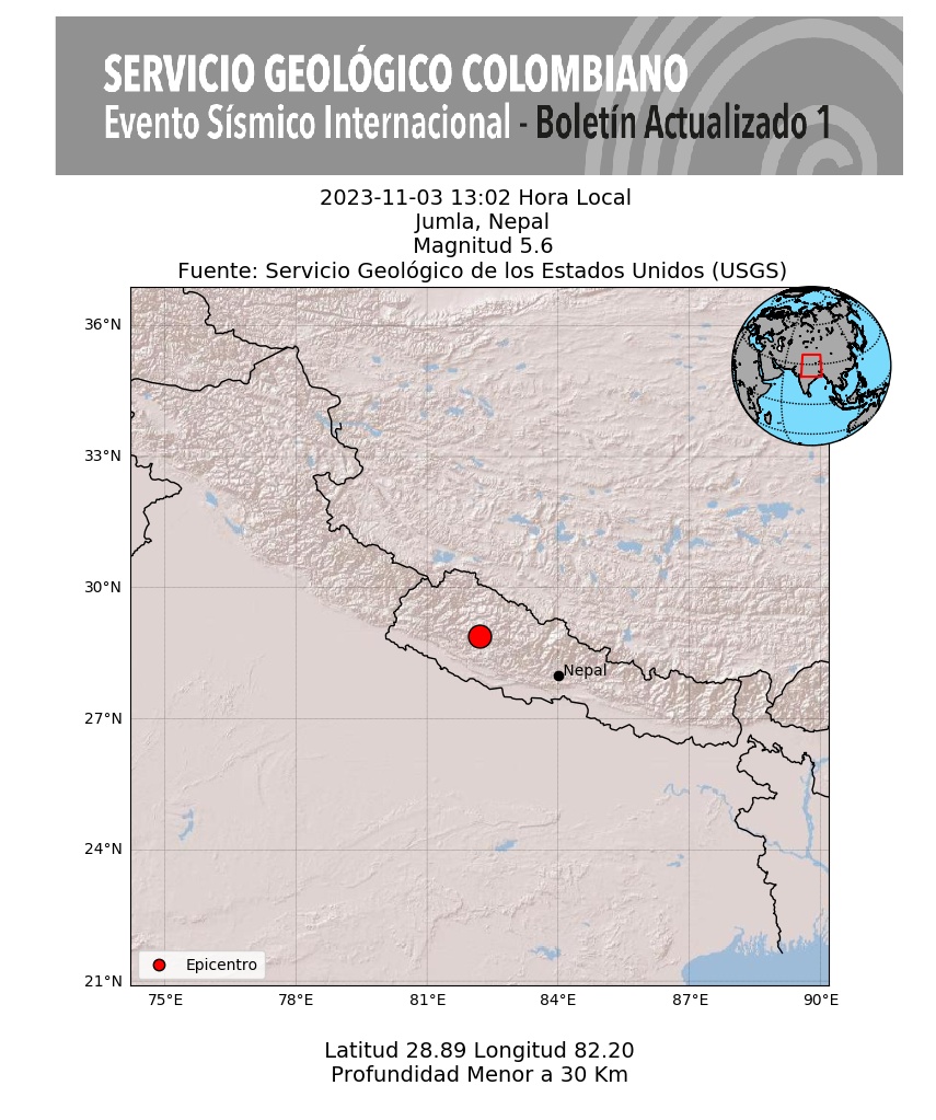 sgcol's tweet photo. #SismosColombiaSGC Evento Sísmico Internacional - Boletín Actualizado 1, 2023-11-03, 13:02 hora local. Magnitud 5.6, Profundidad superficial,  Jumla, Nepal #NoticiaEnDesarrollo #Temblor #Sismo Más información: https://t.co/h4VVP0556L https://t.co/9cgM3O8MAm