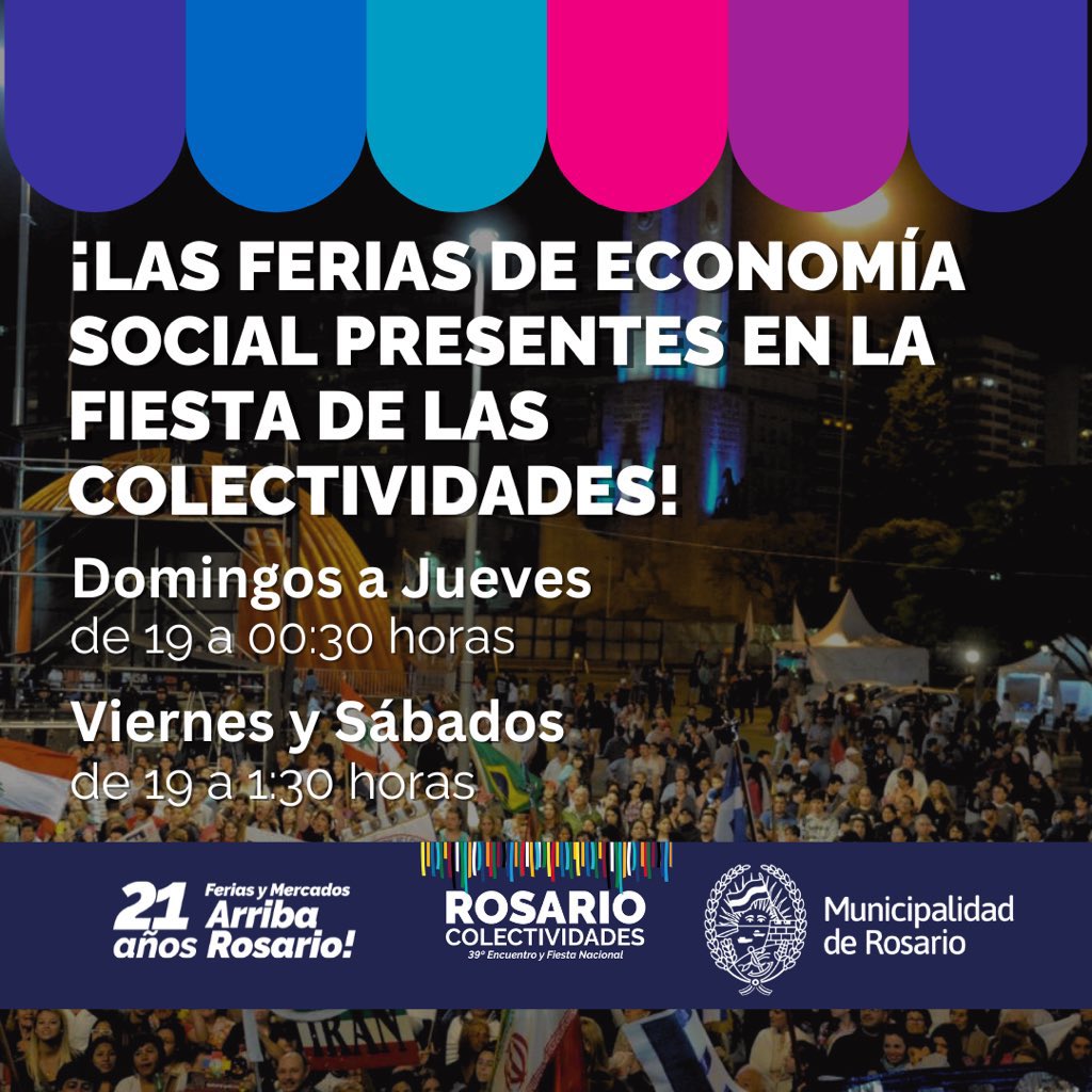 ¡Las ferias de Economía Social, presentes en una nueva edición de las #Colectividades!

👉🏻 25 emprendimientos te esperan todas las noches con ofertas de los más variados rubros

🇦🇷 ¡Te esperamos al lado del stand argentino!

Más info en rosario.gob.ar/colectividades