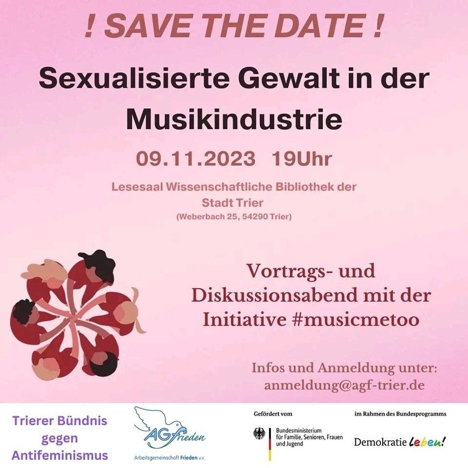 Besonders mit Blick auf das anstehende Lindemann-Konzert spannend: Das Bündnis gegen Antifeminismus veranstaltet mit der AGF am 09.11. ab 19:00 Uhr in der Weberbach 25 einen Vortrags-/Diskussionsabend mit dem Thema "Sexualisierte Gewalt in der Musikindustrie"

Kommt zahlreich :)