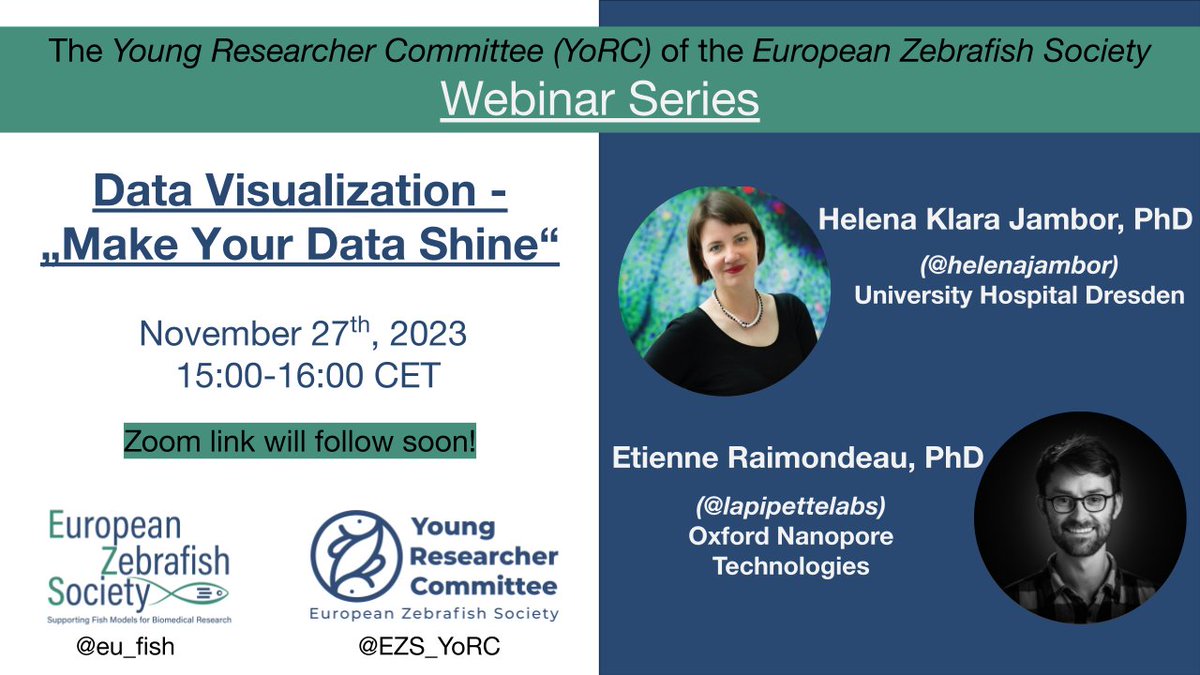 EZS_YoRC's tweet image. The #YoRC is back!🥳
Mark your calendars for our first Webinar on November 27th, 2023 at 3pm CET.
“Data Visualization – Make Your Data Shine” with Helena Klara Jambor (@helenajambor) and Etienne Raimondeau (@lapipettelabs).
A registration link will follow soon!
#YoRC @eu_fish