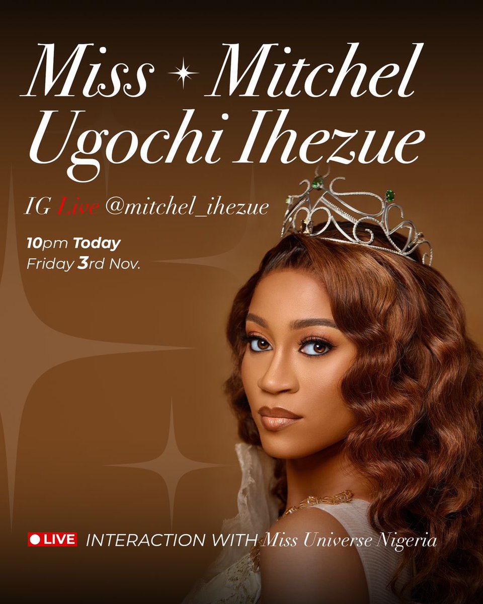 Miss Universe Nigeria will be live on Instagram in a few minutes to catch us up her journey so far as she prepares for the Miss Universe competition in El Salvador!

Join here: instagram.com/mitchel_ihezue…