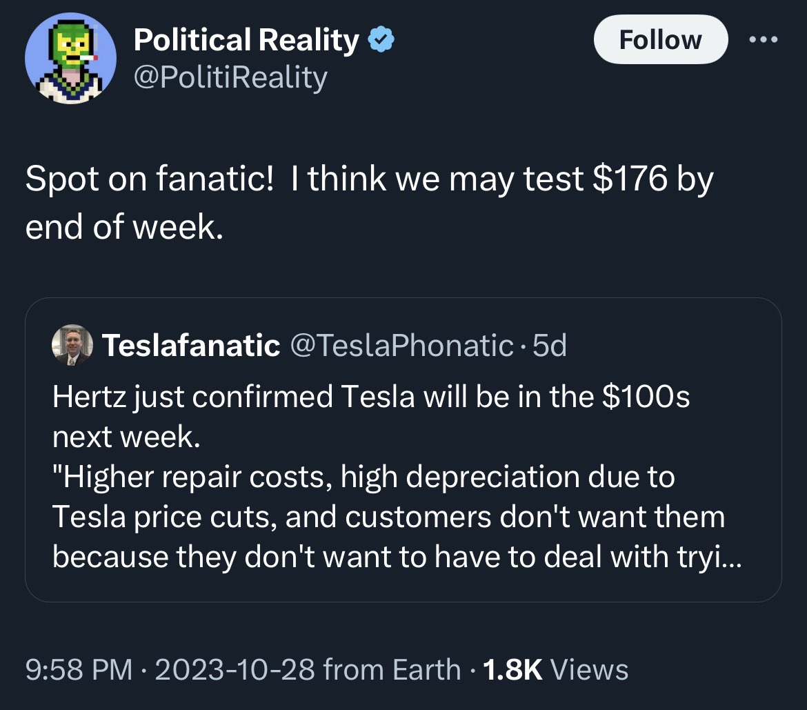 PolitiMoron's tweet image. Are we still thinking a test of $176 by EOD or should we push that back till next Friday? Asking for a friend :-) @PolitiReality $TSLA $TSLAQ #SpotOn