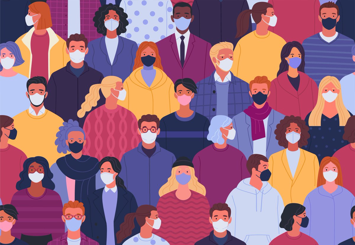 People of diverse ethnic origins in the community are shown, in close proximity, wearing a diverse selection of mask types. The image is a stylized drawing, colourful and cheerful, with reds, yellows and blues predominating