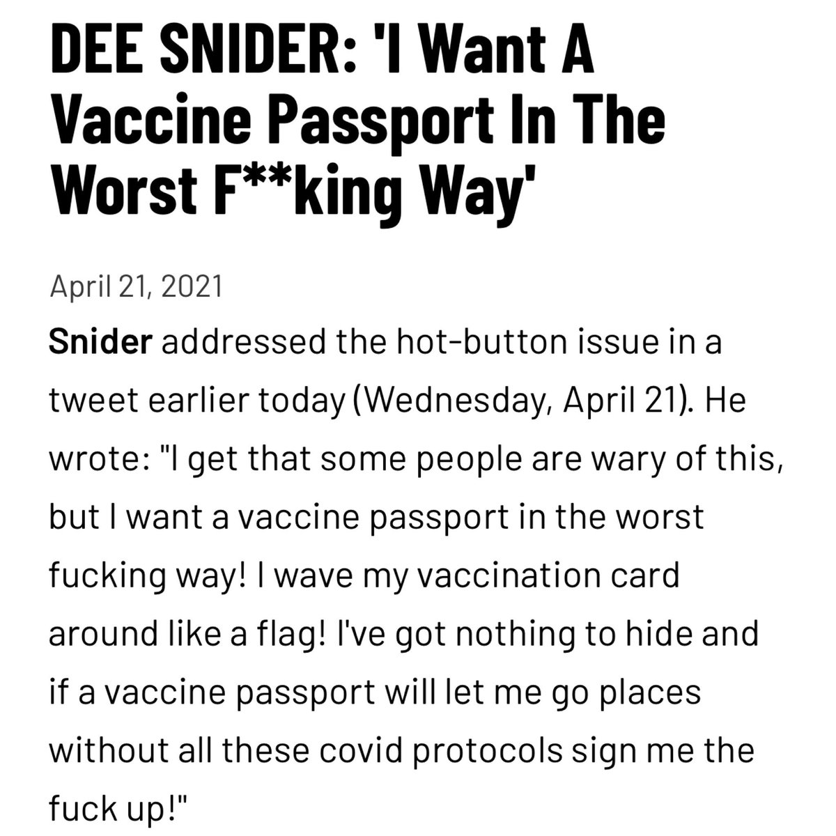 Hi @deesnider just wondering if you are still waving your vaccination card around like a flag? Are you requiring a passport to see you live? Is the updated booster required to see you live? If not, why not? You were really on board with this a while ago. What happened? You just…