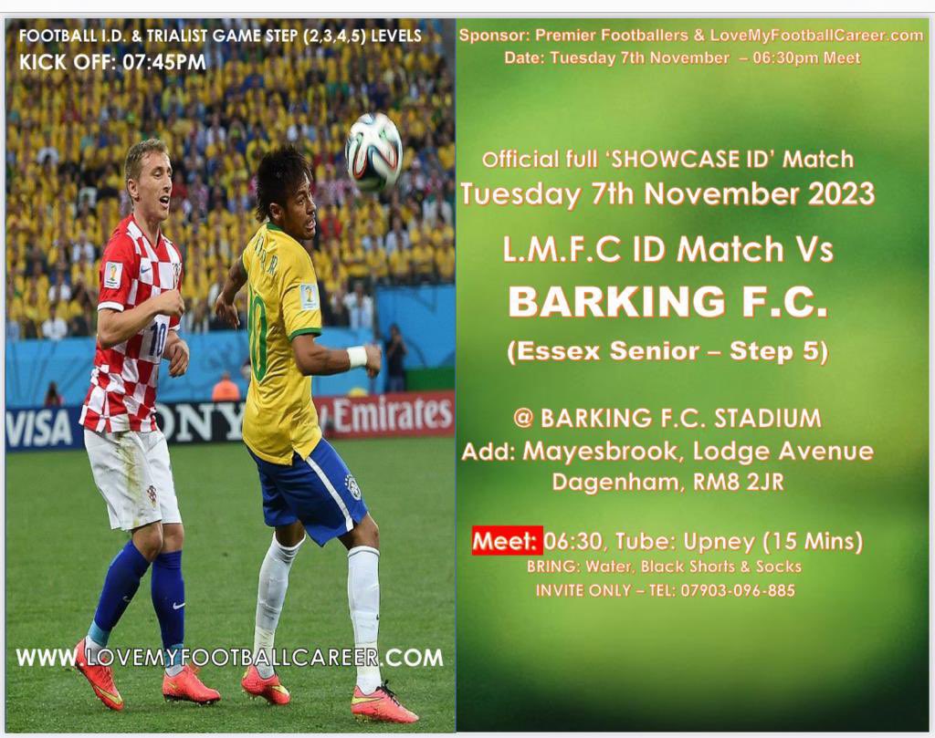 Premier Footballers are always looking  to sign new players &amp; help out club contacts (see premierfootballers.co.uk ). We will be watching out at Barking FC on Tuesday 7th at 07:45pm as several experienced  trialists with a sprinkling of fresh faces play Barking FC (Essex Senior)