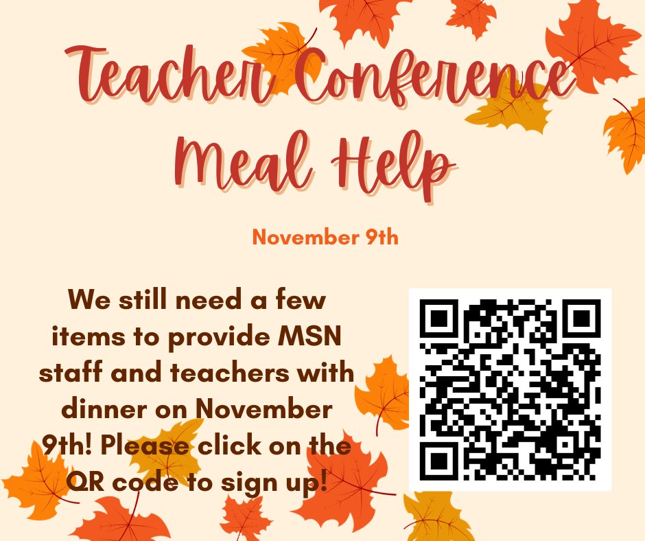 We still need a few items for our next teacher conference night on Thursday, November 9th. Please scan the QR code below to sign-up! @TJakowitsch @BcrowleyD95