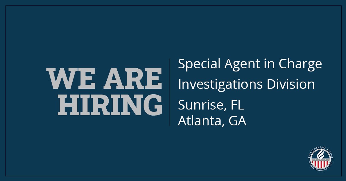 We are hiring GS 15 Special Agents in Charge to lead our field offices in Miami and Atlanta to oversee criminal and administrative investigations and provide management, direction, and supervision to Criminal Investigators. Apply by 11/16 @USAJOBS: usajobs.gov/job/758401400