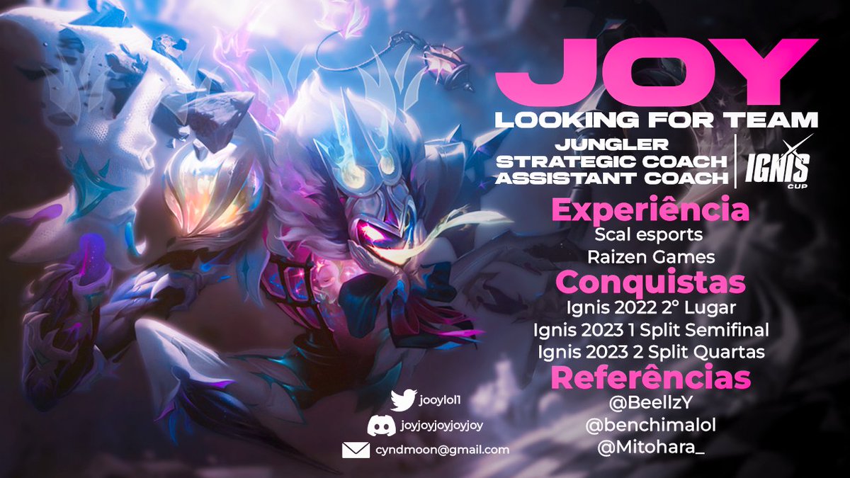 depois de 3 ignis pela Raizen, me encontro FA e busco uma oportunidade no cenário inclusivo, disposta a atuar tanto como jungler ou como staff. 
likes e rts são mto apreciados. 💜

referencias: <a href="/BeellzY/">BeellzY</a> , <a href="/benchimalol/">Benchima🎗️</a> e <a href="/Mitohara_/">Mitohara</a> .