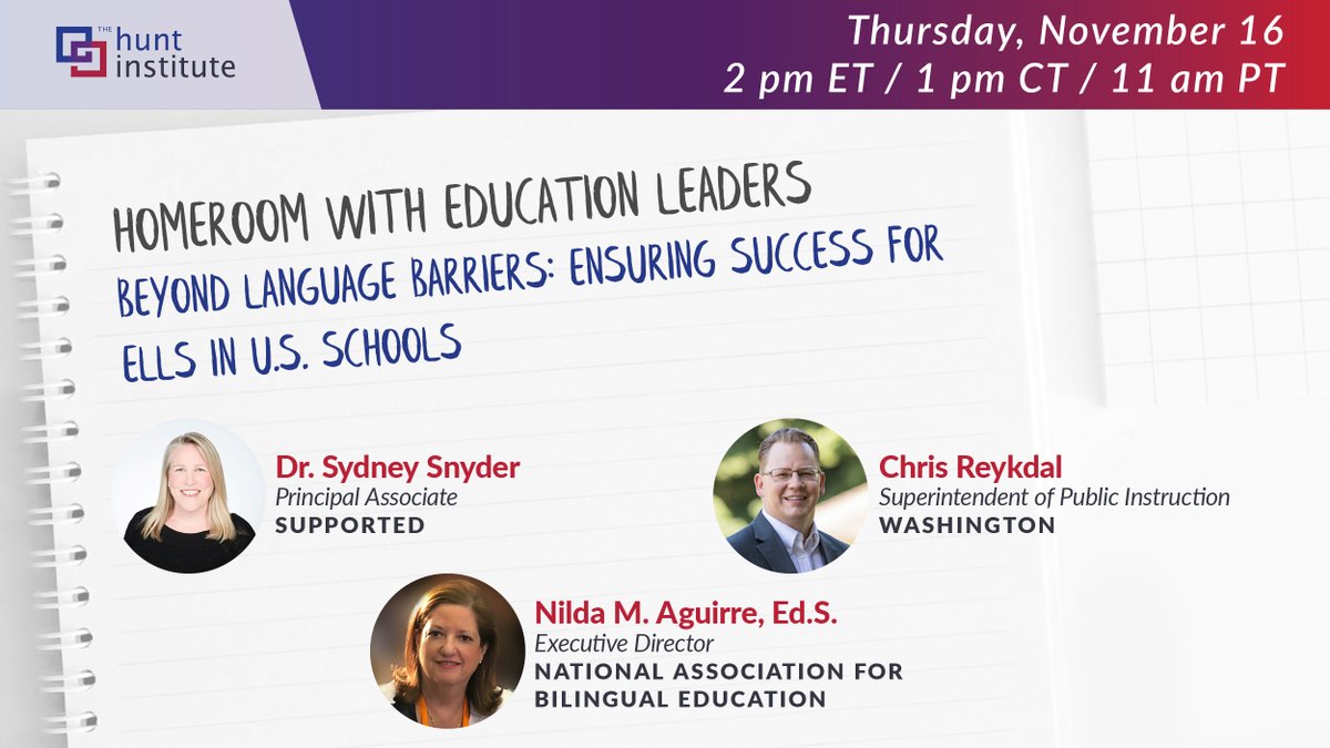 Sydney Snyder (she/her) (@sydneysupported) on Twitter photo Looking forward to collaborating with The <a href="/Hunt_Institute/">The Hunt Institute</a> on 11/16 for an #EdHomeroom webinar on ensuring success for ELLs in U.S. schools. Register here: ow.ly/XE8l50PQFln Looking forward to collaborating with The <a href="/Hunt_Institute/">The Hunt Institute</a> on 11/16 for an #EdHomeroom webinar on ensuring success for ELLs in U.S. schools. Register here: ow.ly/XE8l50PQFln