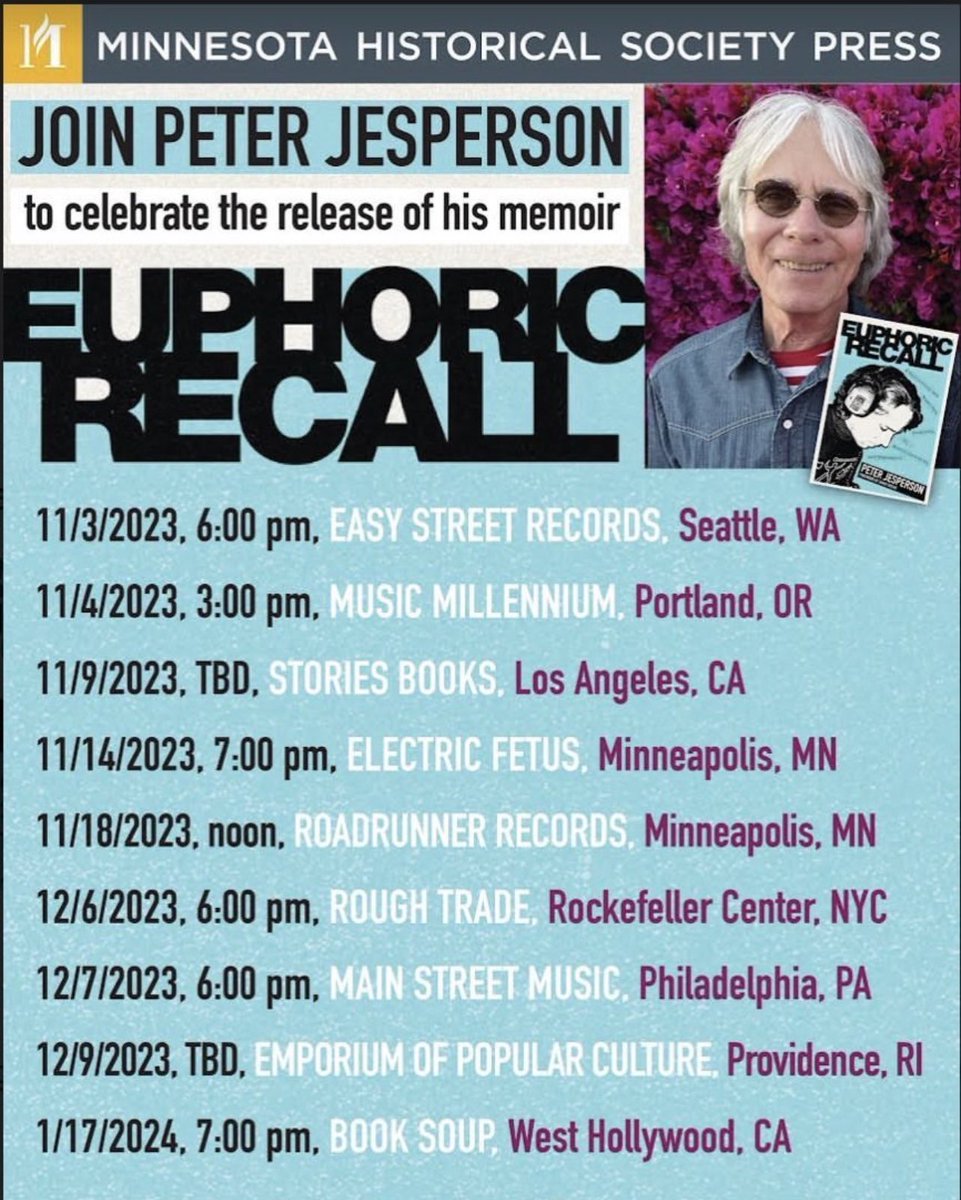 Replacements fans! Peter Jesperson's new memoir, 'Euphoric Recall,' is out & he's on tour starting tonite in Seattle, where he'll appear with Tommy Stinson, and other guests along the way. A remarkable journey thru a magic musical life-buy the book now! shop.mnhs.org/products/eupho…