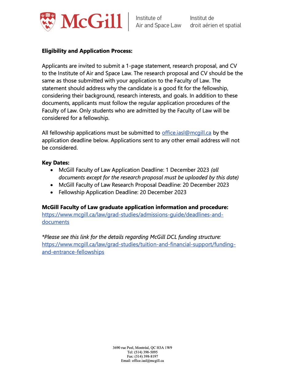 🌠 Exciting Opportunity: Erin &amp; John Collins Arsenault Space Fellowships 🚀
Join the McGill Institute of Air and Space Law with our prestigious fellowships