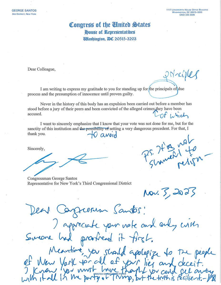 AndrewSolender's tweet image. Rep. Jamie Raskin marked up George Santos' letter thanking him for voting not to expel him from Congress: "P.S. It's not shameful to resign-"