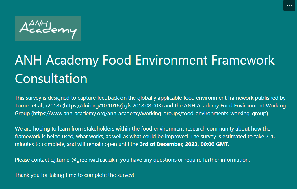 Finally, the ANH Academy Food Environment Framework Survey is here!📢 Are you a #foodenvironment researcher or stakeholder?🍏 Share your insights to help us improve the framework! Deadline: 📅 Dec 3 Make your voice heard!⬇️ forms.office.com/pages/response… @ChrisTurner___ #FERN2023