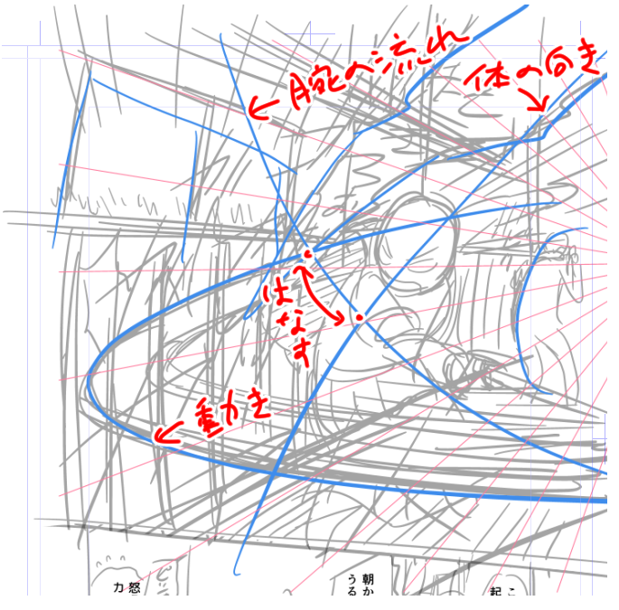 2P目、絵の意図を「騒音を窓の向こうに聞かせる」「迷惑行為」と決まったら構図決まりました。 3Dを元に描いたら大人しい印象になった気がしたので、青線で勢いの向きと重なりを確認して直してみました。 あとピンクの線は集中線ツール(引用元)なのですが、パースのアタリとして使いやすいです!