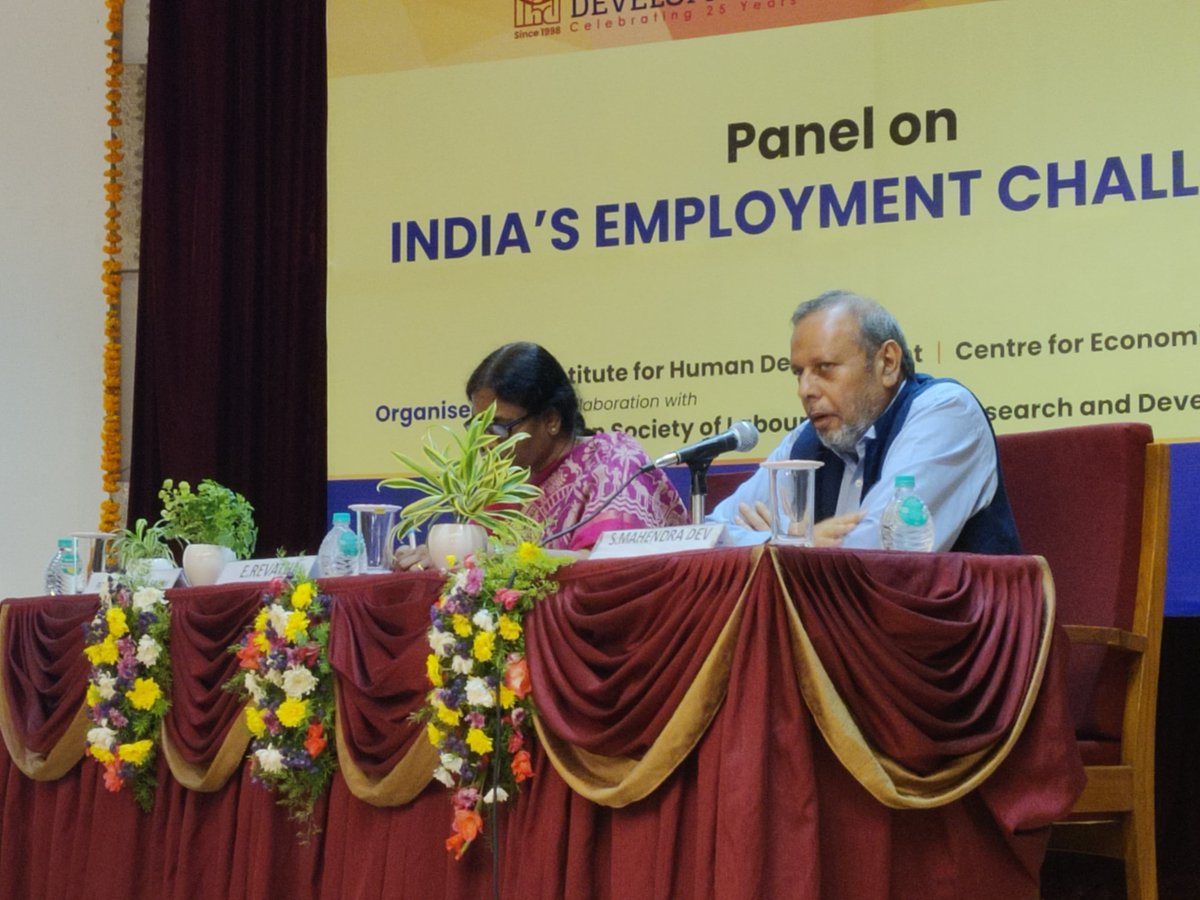 iassi_india's tweet photo. Plenary Panel 5 at #22IASSIConference delved into "India’s Employment Challenge". Chaired by Prof. S. @MahendraDevS, insights from Alakh Sharma, Balwant Mehta, E. Revathi &amp; Partha Pratim Sahu illuminated the discussion. Organised by @TweetIHD @cessicssr &amp; @isle_india R &amp; D Trust. https://t.co/Qan7MIGW89