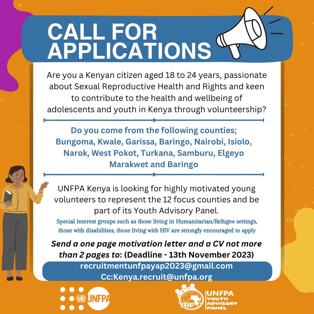 UNFPA Youth Advisory Panel (@panelunfpa) on Twitter photo Opportunity Alert⚠️ 📢
Interested in meaningful youth engagement around sexual and reproductive health rights?
You won't want to miss this opportunity as a member of the youth advisory panel <a href="/UNFPAKen/">UNFPA Kenya</a>
Apply by 13th November
#1vision3zeros
#UNFPAYAPKe Opportunity Alert⚠️ 📢
Interested in meaningful youth engagement around sexual and reproductive health rights?
You won't want to miss this opportunity as a member of the youth advisory panel <a href="/UNFPAKen/">UNFPA Kenya</a>
Apply by 13th November
#1vision3zeros
#UNFPAYAPKe