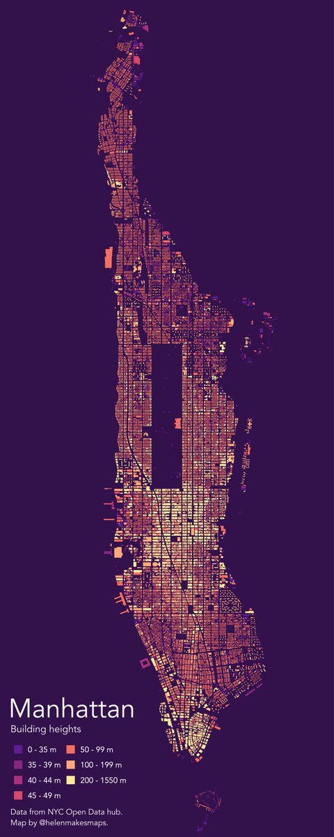 🏙️ Building heights of Manhattan [click to expand]

Day 3 of the #30daymapchallenge: Polygons!

Created in QGIS with NYC Open Data, full details here 👉 shorturl.at/juBQW