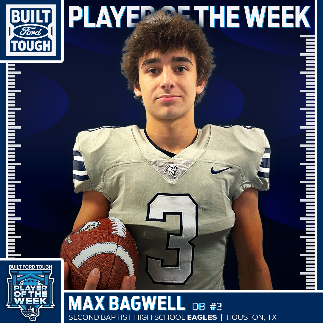 HouTXFord's tweet photo. 🏈 @SBS_Houston Eagles defeated the Kelly Bulldogs 51-0, &amp; DB Max Bagwell is a big reason why. He had 3 INT, 4 solo tackles, and contributed on special teams with a 20-yard punt return, making him Private School #BFTPOWeek 💪 #HOUTXFord #Ford
@mccallford #TXHSFB @SBS_Athletics https://t.co/pj35xzN6O7