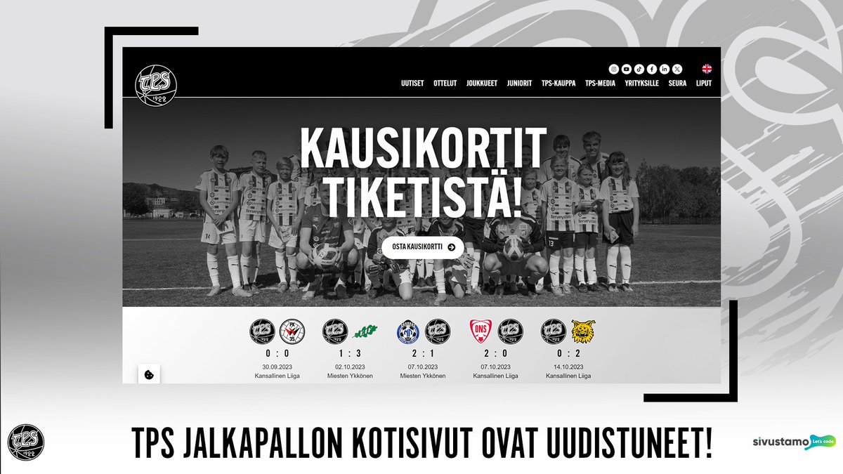 TPS Jalkapallon kotisivut ovat uudistuneet! Kotisivujen uudistuksessa muokattiin ulkoasua ja parannettiin merkittävästi sivuston käytettävyyttä.

➡️ Kurkista uusille sivuille: fc.tps.fi

Uudet kotisivut toteutti yhteistyökumppanimme <a href="/sivustamo/">Sivustamo Oy</a>

#FCTPS #Turku #TKOMV