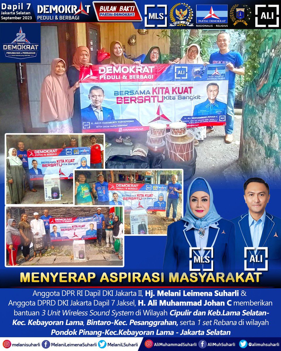 Saya &amp; Bunda <a href="/MelaniLSuharli/">Melani Leimena Suharli</a> berupaya memenuhi kebutuhan warga Cipulir, Pondok Pinang, Kebayoran Lama Selatan &amp; Bintaro di wilayahnya masing2. Semoga mempererat silaturahmi.

<a href="/AgusYudhoyono/">Agus Harimurti Yudhoyono (AHY)</a> <a href="/PDemokrat/">Partai Demokrat</a> 
<a href="/Edhie_Baskoro/">| iBas Yudhoyono |</a> <a href="/FPD_DPR/">Fraksi Partai Demokrat DPR-RI</a> 
<a href="/RAMujiyono/">R A M</a> <a href="/PDemokratjkt/">DPD Demokrat Jakarta</a> 

#DemokratPeduliDanBerbagi