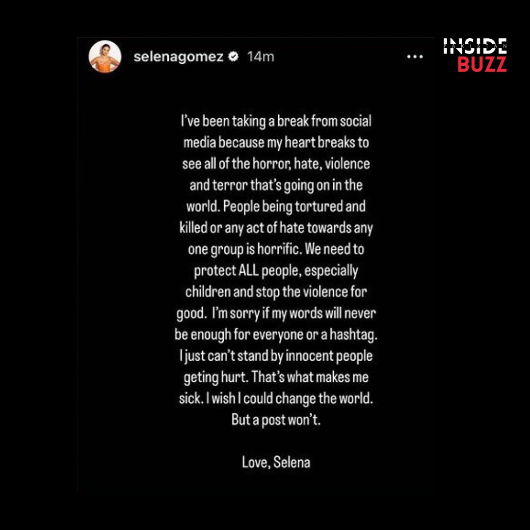 insidebuzzco's tweet photo. On October 31, Gomez shared a story on Instagram, addressing her silence on the violence and commented on the massacre of Palestinians in Gaza, as well as her unceremonious ‘exit’ from social media after being called out for it.

 #selenagomez #Gaza #gazaunderattack #palestine https://t.co/XFJtpl6tWL