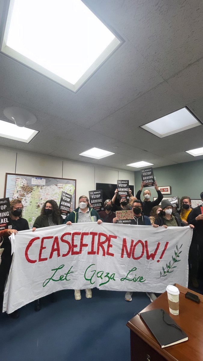 Happening now: “We are here to demand that Senator Merkley introduce a resolution calling for an unconditional #ceasefire in #Gaza. We will not leave until we speak with @senjeffmerkley” <a href="/USCPR_/">USCPR #StopArmingIsrael</a> <a href="/DSA_Palestine/">dsa_palestine</a> <a href="/jvplive/">Jewish Voice for Peace</a> <a href="/IfNotNowOrg/">IfNotNow🔥✡️</a>