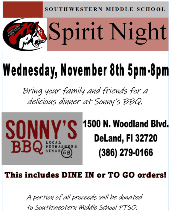 Southwestern Middle (@smsvcs1) on Twitter photo Save yourself a night of cooking! Join us for Spirit Night and let Sonny's do the cooking for you! <a href="/inspiredAP/">Jacquese Copeland</a> <a href="/volusiaschools/">Volusia County Schools</a> @smsvcs1 #smsroars Save yourself a night of cooking! Join us for Spirit Night and let Sonny's do the cooking for you! <a href="/inspiredAP/">Jacquese Copeland</a> <a href="/volusiaschools/">Volusia County Schools</a> @smsvcs1 #smsroars