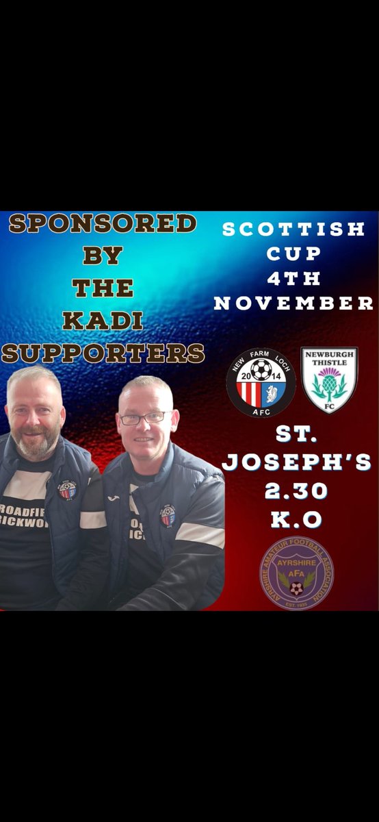 We welcome <a href="/newburghthistle/">Newburgh Thistle FC</a> to St Josephs tomorrow in the 2nd round of the <a href="/ScotAmFA/">Scottish Amateur FA</a> Cup. If you can please get along as show your support for what should be a cracker of a game. 

<a href="/AyrshireAFA/">Ayrshire Amateurs</a> 
<a href="/SMMediaEnt/">SM Media</a> 
<a href="/scottish_aff/">AmateurFixturesResultsSCO</a> 
<a href="/KadikoiBar/">The New Kadikoi Bar</a>