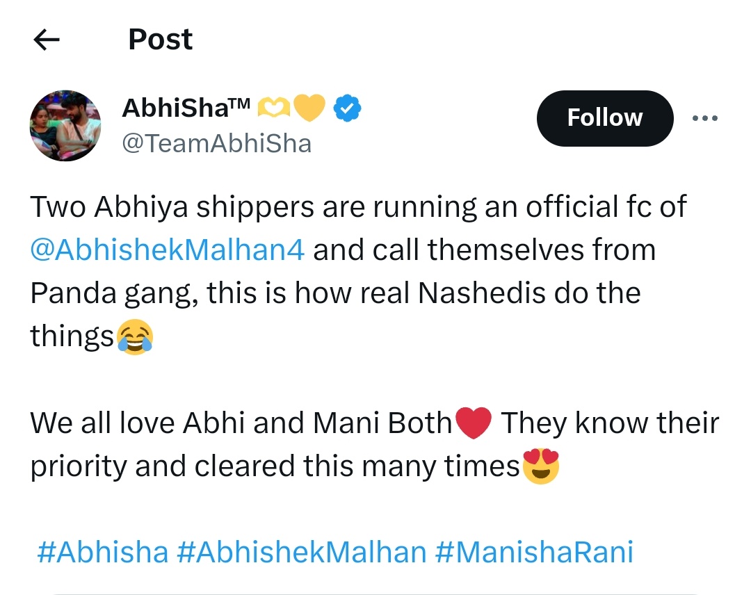 its_aron's tweet photo. Who are you to question our fc he doesn't Used any # or any thing related to other fandom 

Our Fc is just apriciating Abhishek for his clear openion which #PandaGang love 

So it's better to shut your mouth (16-17 sal ka Cringe #Abhisha ka nalla FC)

#AbhishekMalhan #FukraInsaan https://t.co/ZMWV8tad9E