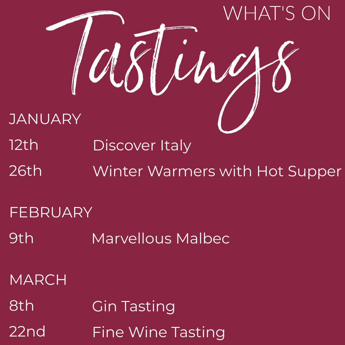 JANUARY - MARCH TASTING TICKETS 🙌🏼
Our January to March tasting tickets are available to buy online &amp; in the shop...
They will make the perfect Christmas gift, or meet up with friends post Christmas!
Grab your tickets soon as they are selling fast 🍷