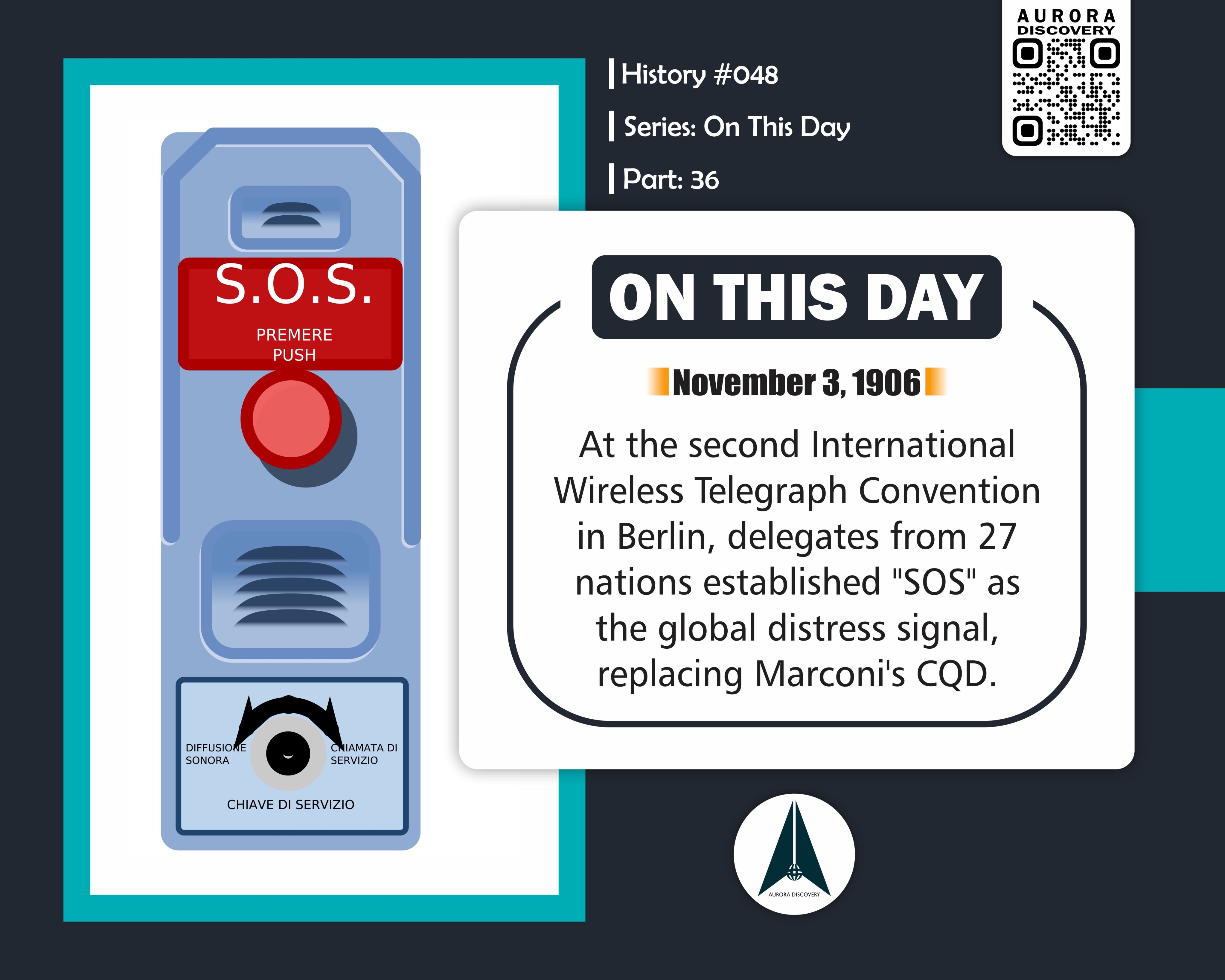 November 3, 1906 At the second International Wireless Telegraph Convention in Berlin, delegates from 27 nations established "SOS" as the global distress signal, replacing Marconi's "CQD". 
