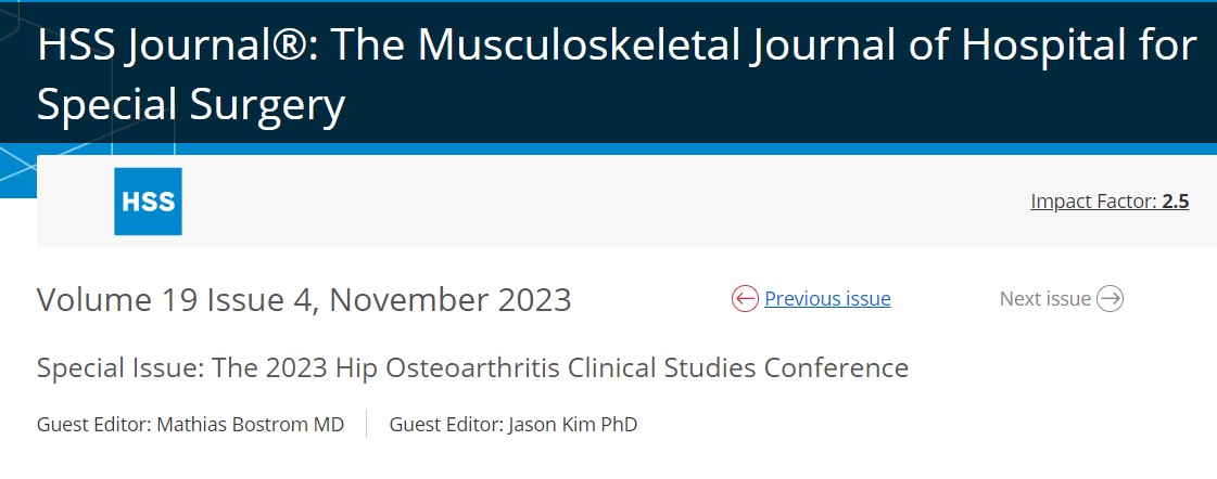 HSS Journal (@hss_journal) on Twitter photo Hip, hip, hooray - our November special issue on the 2023 Hip Osteoarthritis Clinical Studies Conference, a collaboration of <a href="/ArthritisFdn/">Arthritis Foundation</a> and <a href="/HSpecialSurgery/">Hospital for Special Surgery (HSS)</a>, is online! #OrthoTwitter journals.sagepub.com/toc/hssa/19/4 Hip, hip, hooray - our November special issue on the 2023 Hip Osteoarthritis Clinical Studies Conference, a collaboration of <a href="/ArthritisFdn/">Arthritis Foundation</a> and <a href="/HSpecialSurgery/">Hospital for Special Surgery (HSS)</a>, is online! #OrthoTwitter journals.sagepub.com/toc/hssa/19/4