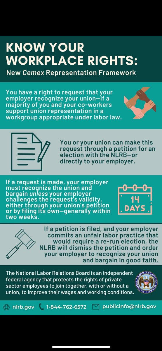 For anyone curious about the Cemex ruling and how it impacts organizing here’s a graphics from the NLRB. Employers actually have some kind of incentive finally to not break the law