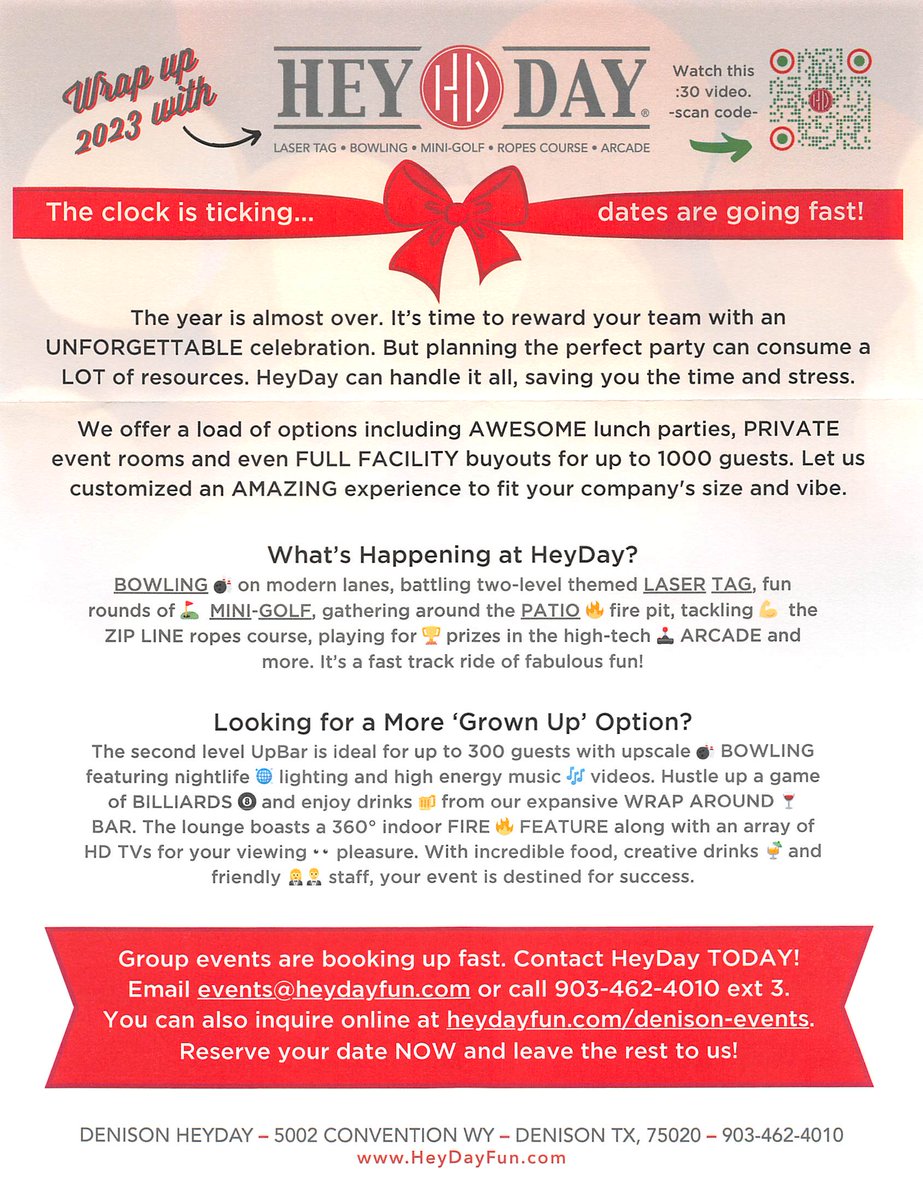 Needing a fun place to book your holiday parties? Look no further! HeyDay Entertainment has the space, food and activities for an unforgettable group event!

#heydayentertainment #HeyDayDenison #BusinessDevelopment #ddadenisontx #denisondevelopmentfoundation #DenisonTexas